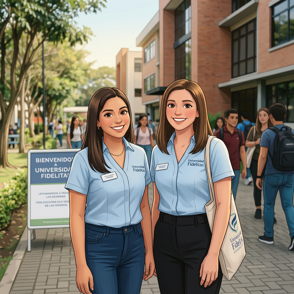 Two young women wearing Universidad Fidelitas uniforms smiling outdoors on campus